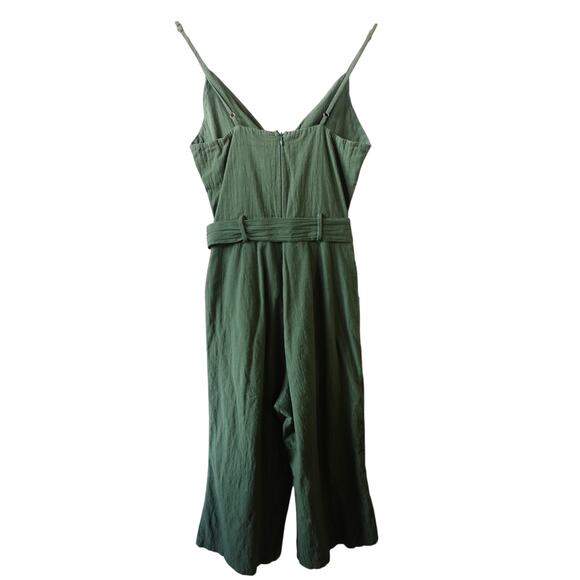 Womens 100% Cotton Jumpsuit Medium Green Cut Out Belted Cropped Wide Leg Pockets - Picture 3 of 8